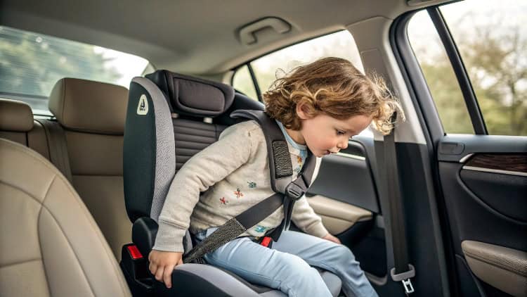 child properly strapped into 5-point harness car seat